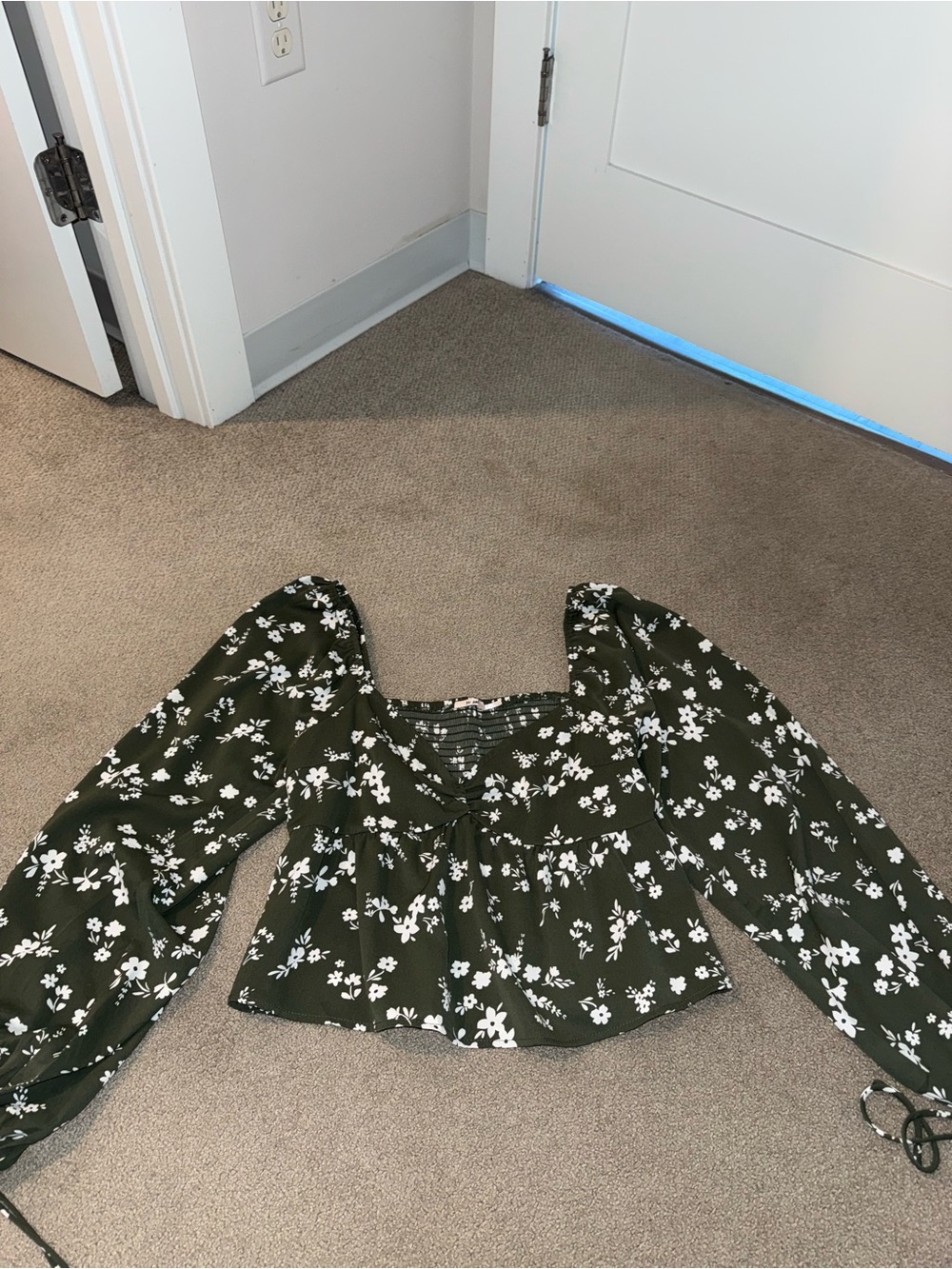 Olive Green Floral Sweetheart Neck Top